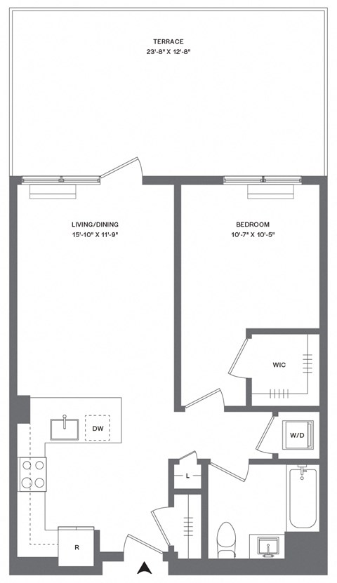Floor plan for 1 bed, 1 bath, 699 sqft